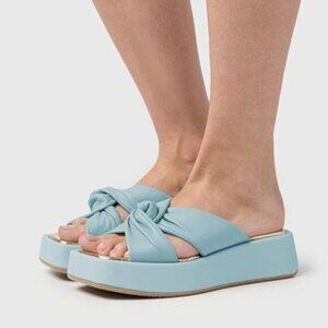 Wo Wagas Blue Cross Strap Platform Sandals Slip On Slippers Chunky Heel Mules
